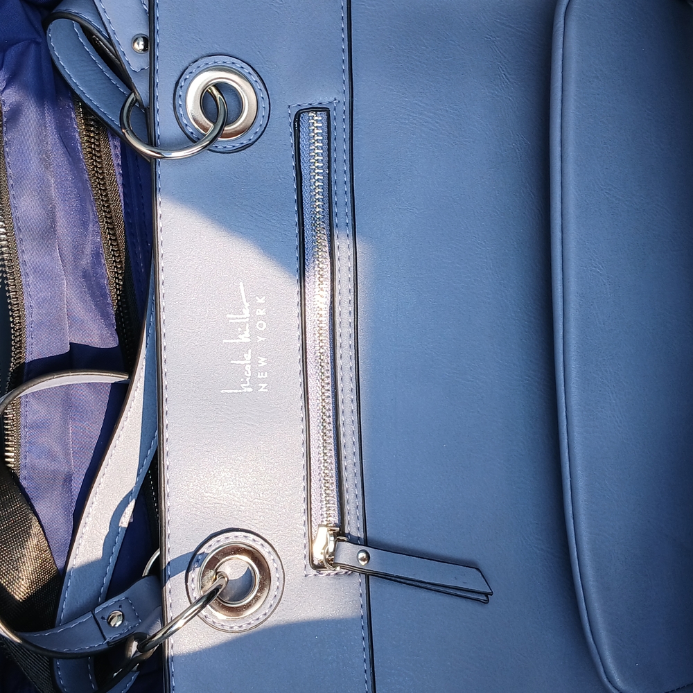 Nicole Miller Blue Leather Tote with Silver Hardware